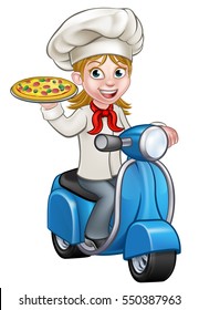 Cartoon woman chef or cook character riding a delivery moped motorbike scooter and holding a pizza