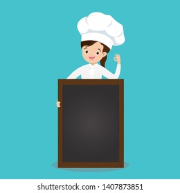 Cartoon woman chef with empty menu board template,chief-cooker in uniform,funny caucasian female character in chef hat,flat vector illustration