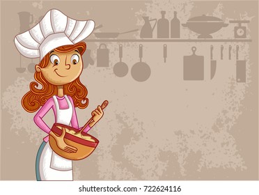 Cartoon woman chef wearing apron and cooking