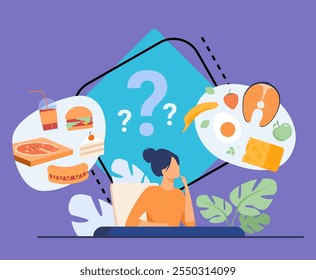 Cartoon woman choosing between healthy meal and unhealthy food isolated flat vector illustration. Junk vs good diet choice. Lifestyle and nutrition concept