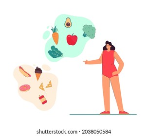 Cartoon woman choosing between right and wrong food. Flat vector illustration. Girl in underwear thinking about junk and healthy food. Diet, health, nutrition concept for banner design or landing page