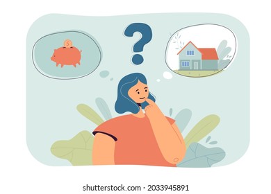 Cartoon woman choosing between saving money and buying house. Female thinking about piggybank and real estate flat vector illustration. Mortgage, finances, property concept banner or website design