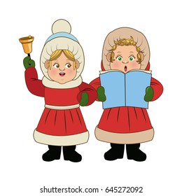 cartoon woman christmas caroling with song book and bell