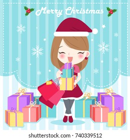 cartoon woman with christmas on the blue background