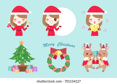 cartoon woman with christmas on the green background