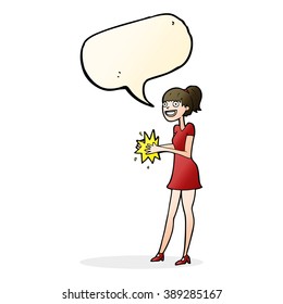mujer caricaturista aplaudiendo con burbuja de habla