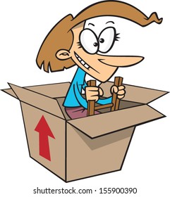 Cartoon woman climbing a ladder out of a box