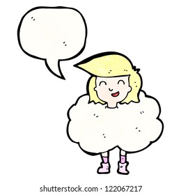 mujer de dibujos animados en la nube con burbuja de habla