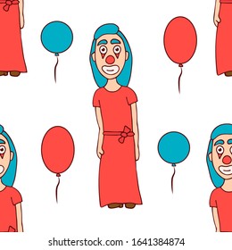 cartoon woman clown in a dress with balloons. seamless pattern