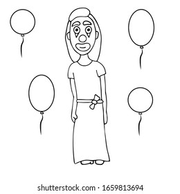 cartoon woman clown in a dress with balloons. white background isolated outline stock vector illustration