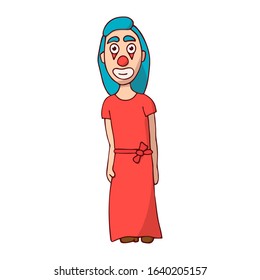cartoon woman clown in dress. white background isolated stock vector illustration