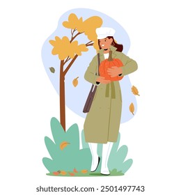 Cartoon Woman In A Coat And White Boots Holding A Pumpkin In An Autumn Park. Fall Leaves, Cozy Attire, And A Seasonal Atmosphere Are Depicted. Perfect For Autumn, Thanksgiving And Harvest Season Theme