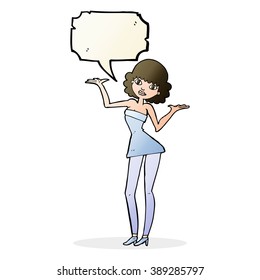 cartoon woman in cocktail dress with speech bubble