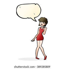 cartoon woman in cocktail dress with speech bubble