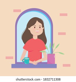 cartoon woman with a coffee mug in the window, colorful design, vector illustration