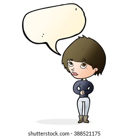 cartoon woman considering with speech bubble