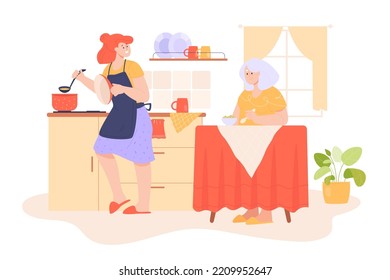 Cartoon Woman Cooking For Senior Mother In Kitchen. Female Character Taking Care Of Elder Or Aged Person Flat Vector Illustration. Family, Care Concept For Banner, Website Design Or Landing Web Page