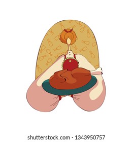 Cartoon woman cooks food on white background.