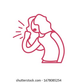 cartoon woman coughing icon over white background, line style icon, vector illustration