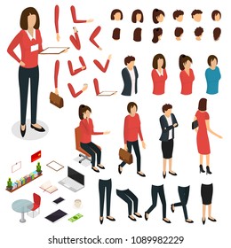 Cartoon Woman Create Character Signs Color Icons Set Concept Flat Design Style Include of Body and Poses. Vector illustration