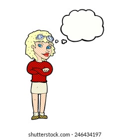 cartoon woman with crossed arms and safety goggles with thought bubble