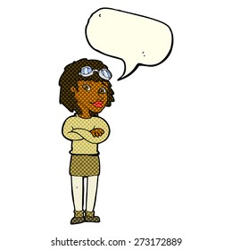 cartoon woman with crossed arms and safety goggles with speech bubble