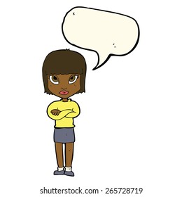 cartoon woman with crossed arms with speech bubble