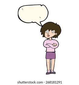cartoon woman with crossed arms with speech bubble
