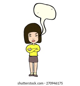 cartoon woman with crossed arms with speech bubble