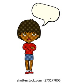 cartoon woman with crossed arms with speech bubble
