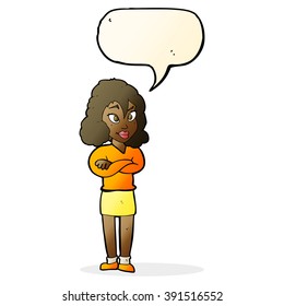 cartoon woman with crossed arms with speech bubble