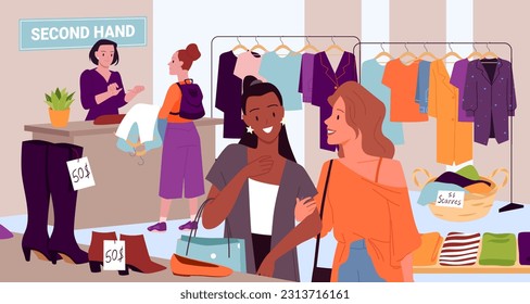 Cartoon woman customer buying clothes and shoes from counters of used goods store background. People shopping in flea market or second hand shop, eco sustainable fashion concept