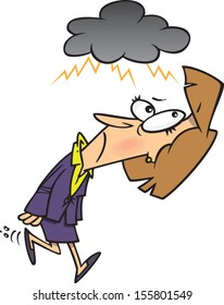 Cartoon woman with a dark rain cloud over his head