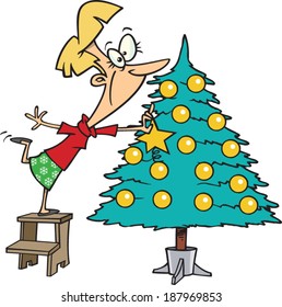 cartoon woman decorating a christmas tree