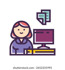 Mujer de dibujos animados en el escritorio con la computadora y los documentos Icon Illustrat