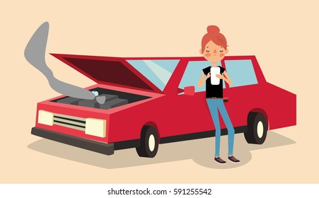 Cartoon Woman dialing her phone after car breakdown problem mechanic crash. Vector Illustration