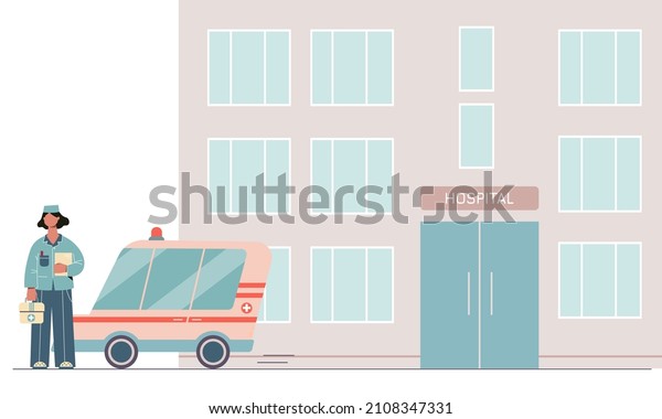 Cartoon\
woman doctor and ambulance car near the\
hospital.