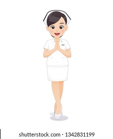 Cartoon woman doctor or nurse in white uniform holding a clipboard, Sawadee, Smiling female nursing staff on white background, Vector illustration in character design