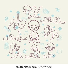 Cartoon woman doing different yoga poses.Hand drawn yoga set.