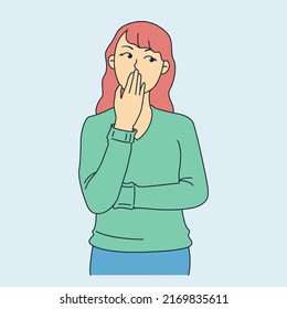 Cartoon of a woman doing a pose with hand covering the mouth