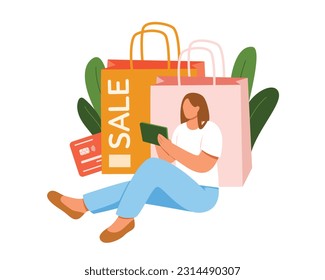 Cartoon woman doing shopping online using cell phone against background of shopping bags and discounts. Making purchases over internet. Vector flat style illustration
