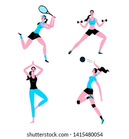 Cartoon woman doing sport exersises. Set of different kinds of sport: volleyball, tennis, fitness,yoga. Sport and healthy lifestyle illustration for your design.