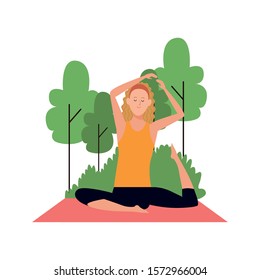 cartoon woman doing yoga at outdoor with trees over white background, colorful design , vector illustration