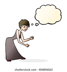 cartoon woman in dress gesturing with thought bubble