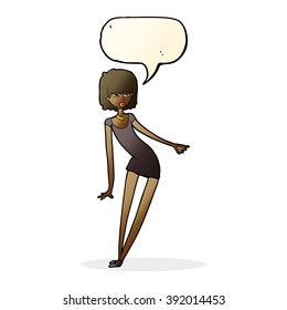 cartoon woman in dress leaning with speech bubble