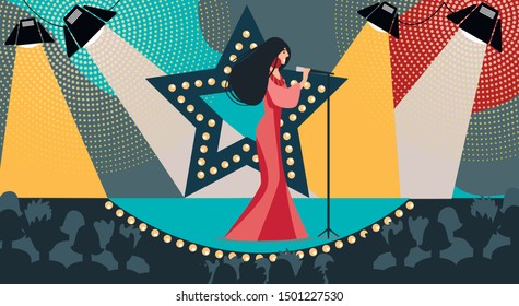 Cartoon Woman in Dress on Stage Sing Song Holding Microphone Hand Vector Illustration. TV Talent Show Live Concert. Musical Performance. Female Singer Musician Star. Music Contest Television Show