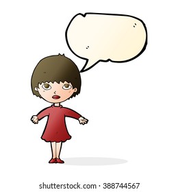 cartoon woman in dress with speech bubble