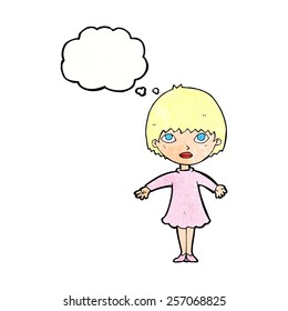 cartoon woman in dress with thought bubble