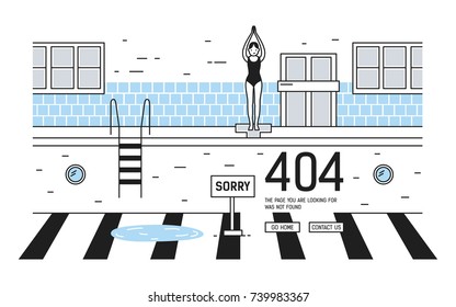 Cartoon woman dressed in swimsuit standing at edge of empty pool and trying to jump into it. Girl in swimming suit ready to dive. Concept of website maintenance or error 404. Vector illustration.