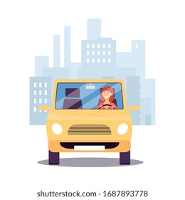 Cartoon woman driving away from city in yellow car isolated on white background. Front view of female driver in automobile trip - flat vector illustration.